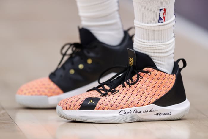 Phoenix Suns guard Chris Paul wears the Jordan CP3.12 'Multi-color' shoes.